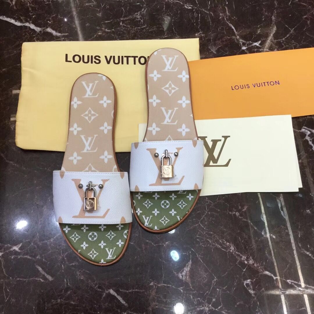Louis Vuitton Lock It Flat Mule In White/ Moka Brown - DopestKickz