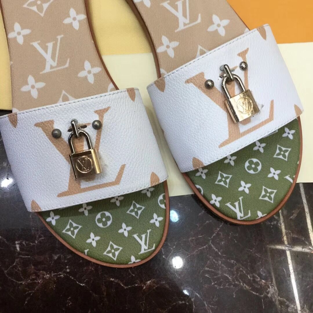 Louis Vuitton Lock It Flat Mule In White/ Moka Brown - DopestKickz