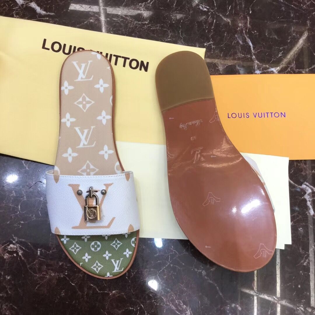 Louis Vuitton Lock It Flat Mule In White/ Moka Brown - DopestKickz