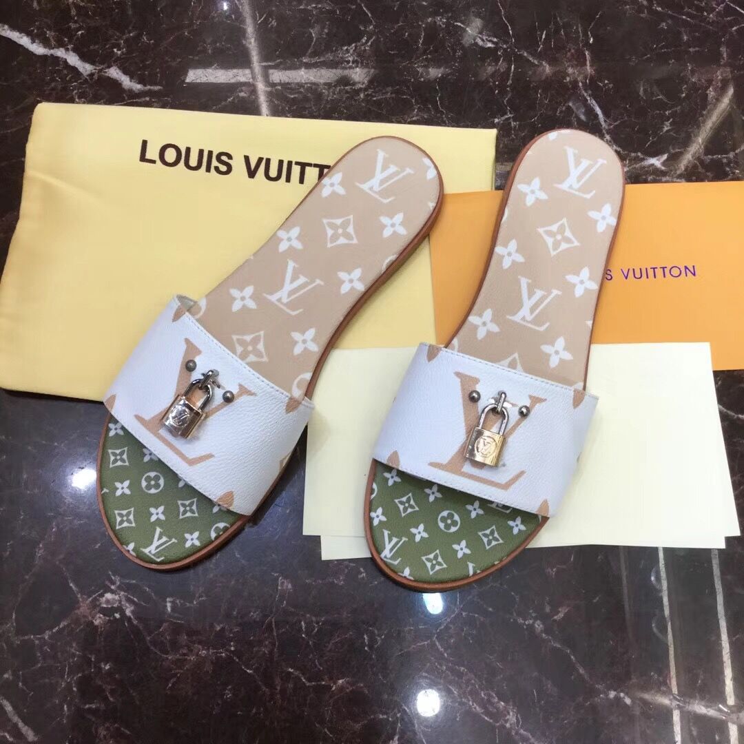 Louis Vuitton Lock It Flat Mule In White/ Moka Brown - DopestKickz