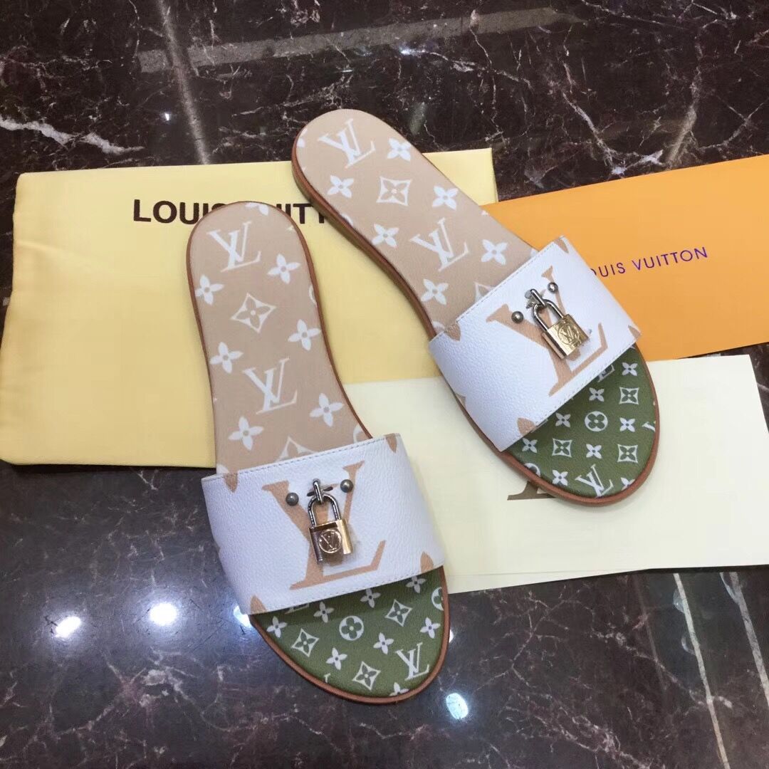 Louis Vuitton Lock It Flat Mule In White/ Moka Brown - DopestKickz