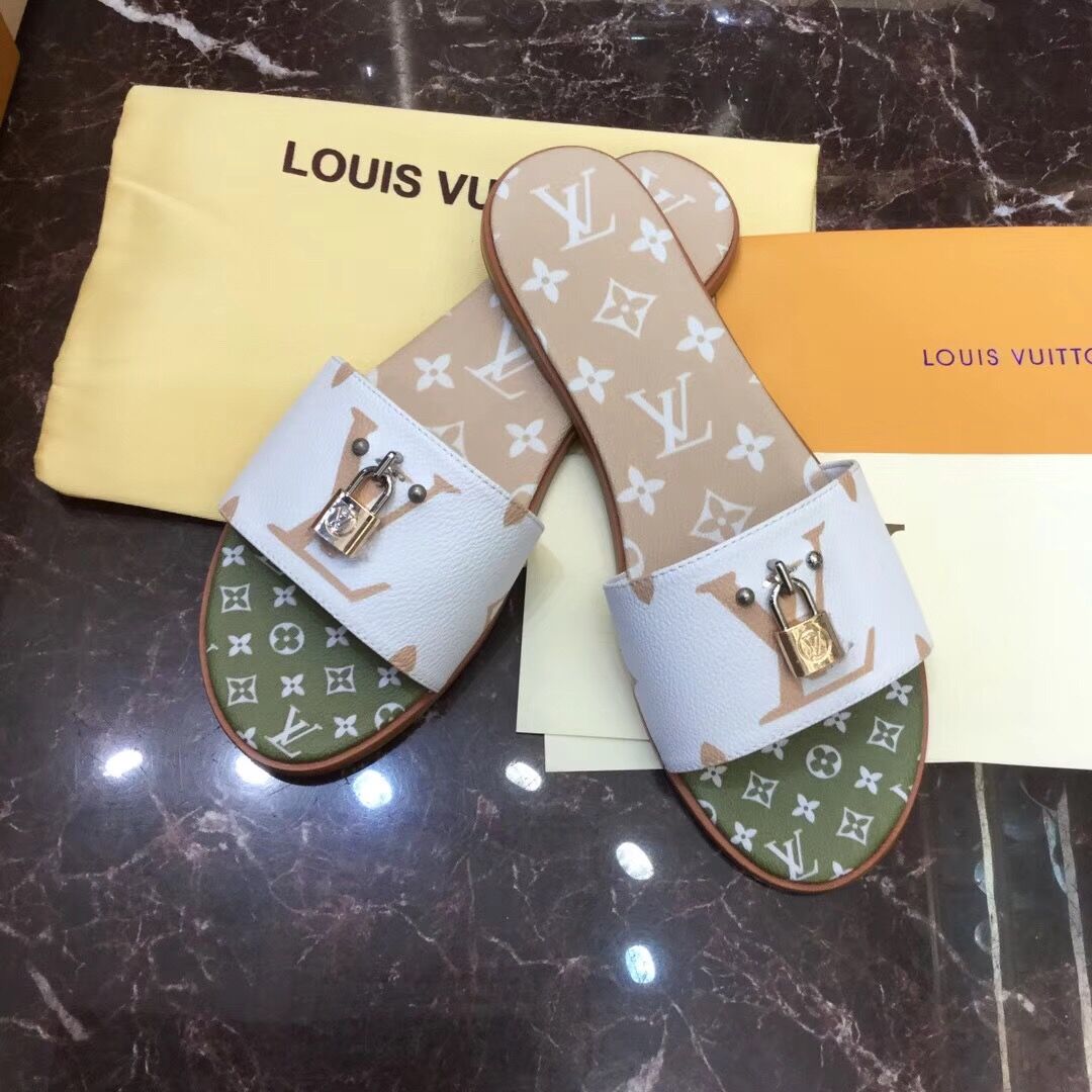 Louis Vuitton Lock It Flat Mule In White/ Moka Brown - DopestKickz