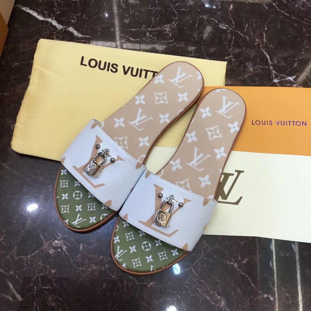 Louis Vuitton Lock It Flat Mule In White/ Moka Brown - DopestKickz