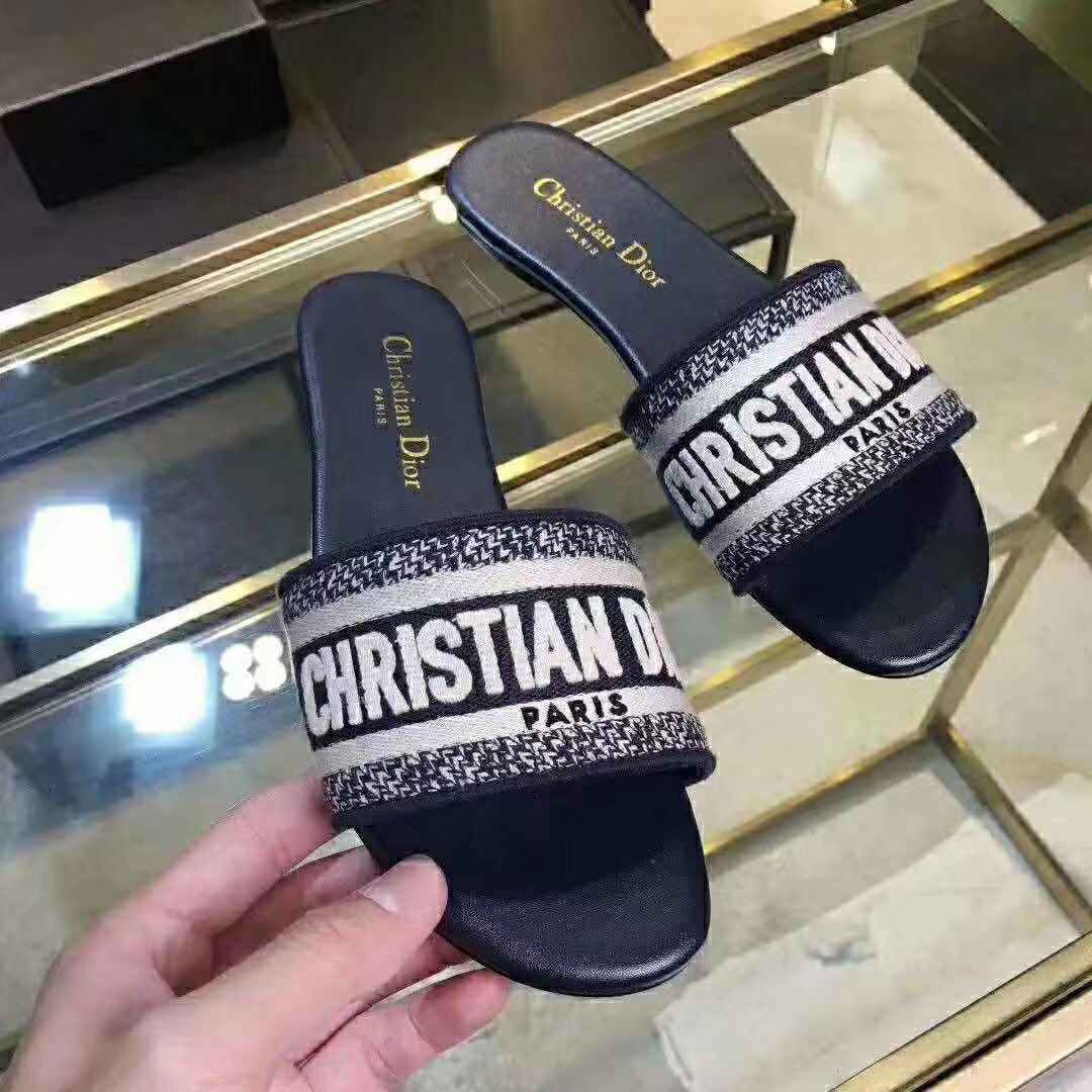 Dior Dway Mule In Embroidered Cotton Dark Blue - DopestKickz