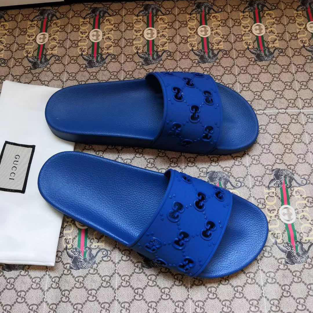 Gucci Rubber GG Slide Sandal In Blue - DopestKickz