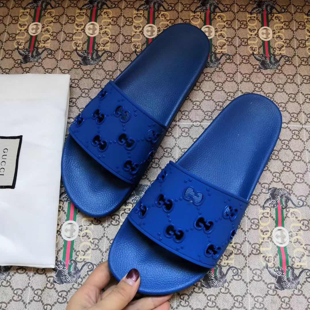 Gucci Rubber GG Slide Sandal In Blue - DopestKickz
