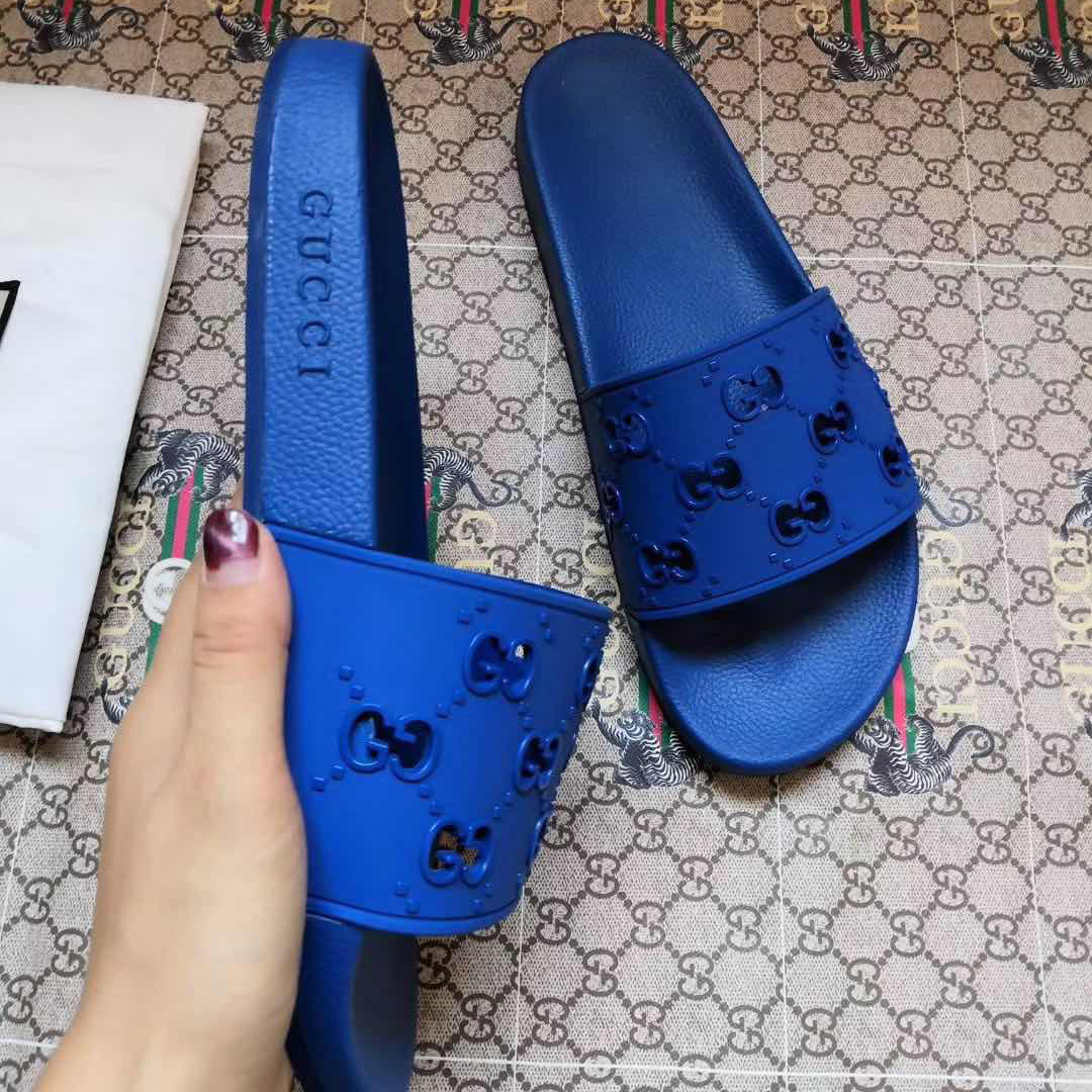 Gucci Rubber GG Slide Sandal In Blue - DopestKickz