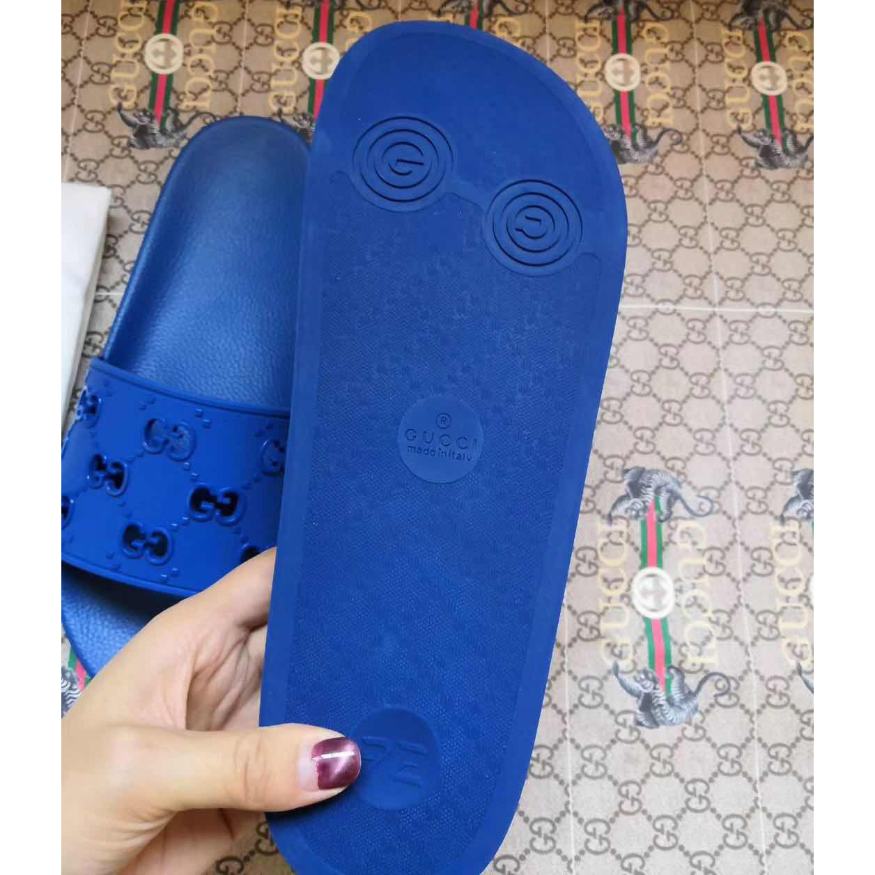 Gucci Rubber GG Slide Sandal In Blue - DopestKickz