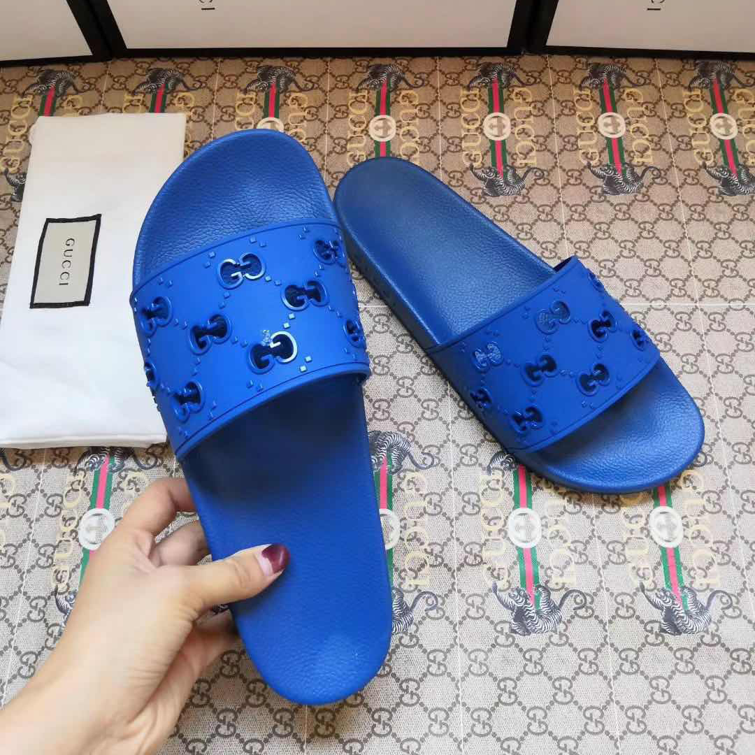 Gucci Rubber GG Slide Sandal In Blue - DopestKickz