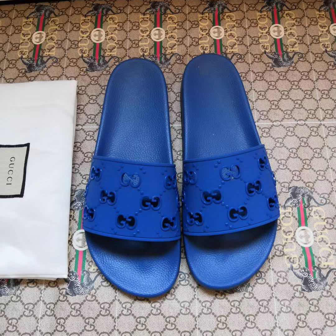 Gucci Rubber GG Slide Sandal In Blue - DopestKickz
