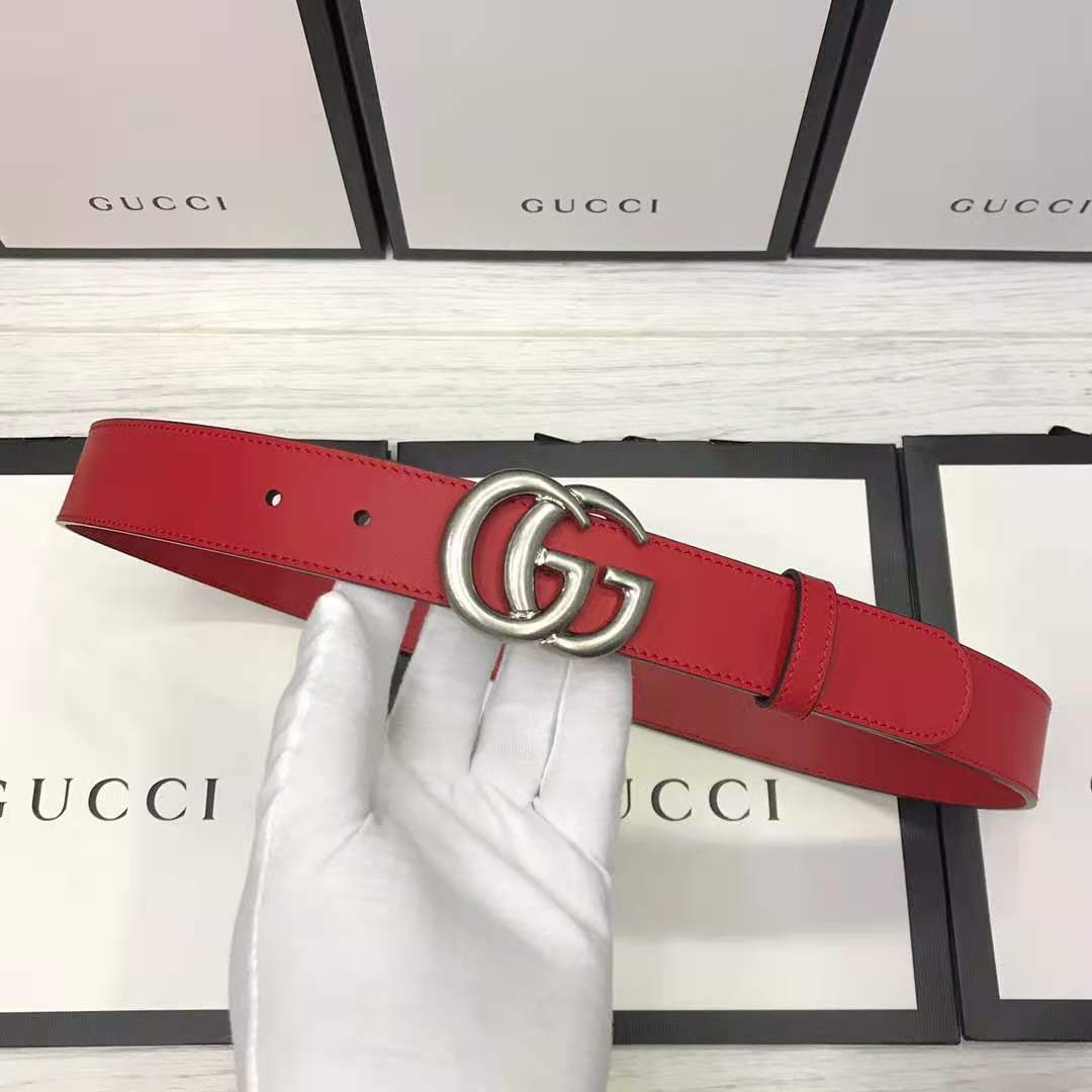 Gucci Red Leather Belt With Double G Buckle - DopestKickz