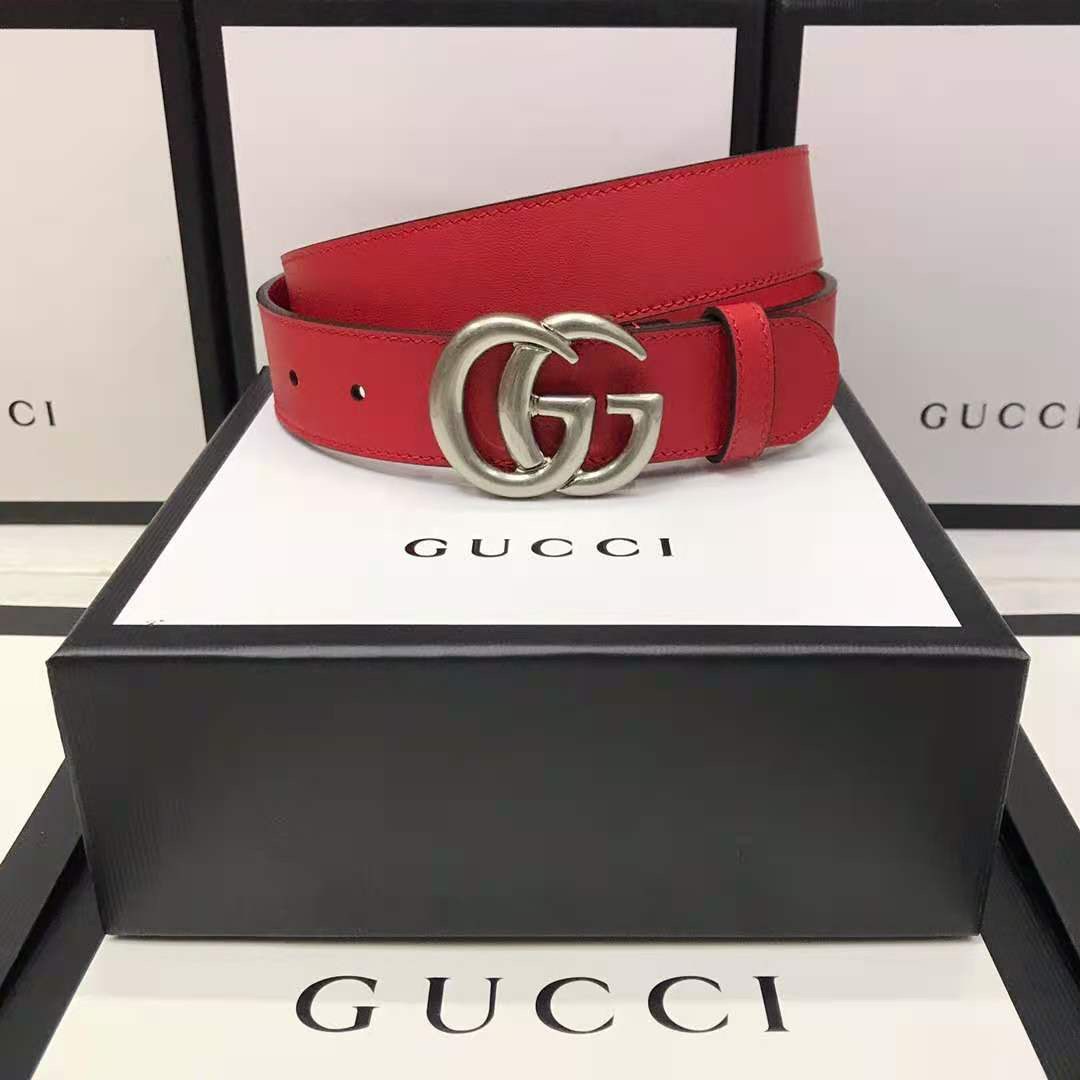 Gucci Red Leather Belt With Double G Buckle - DopestKickz