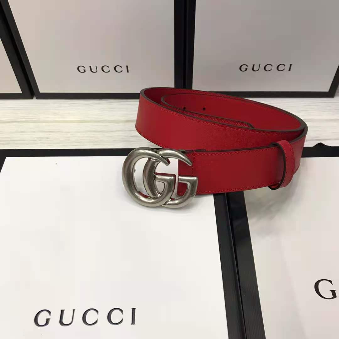 Gucci Red Leather Belt With Double G Buckle - DopestKickz