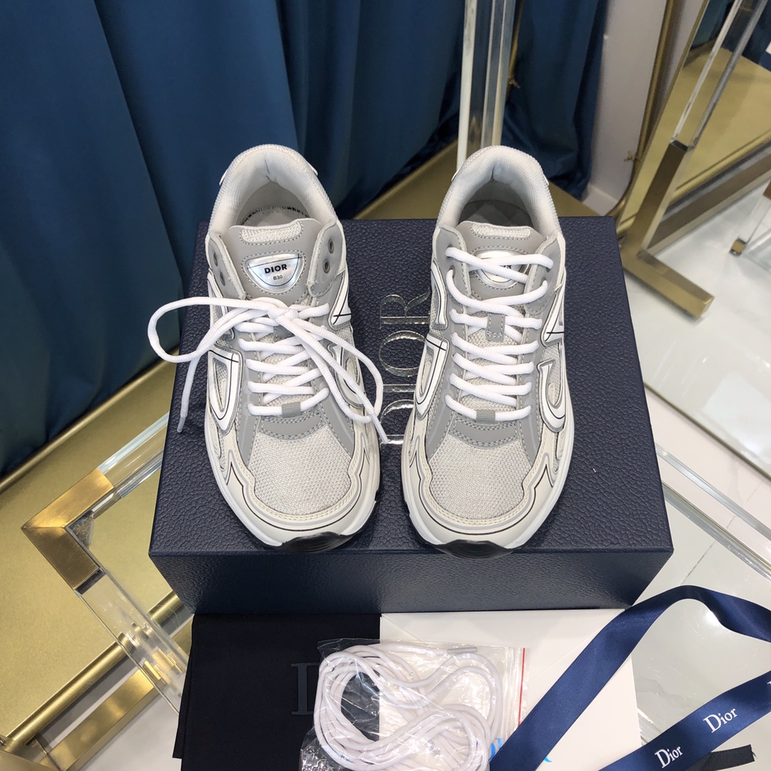 Dior B30 Sneaker Gray Mesh And White Technical Fabric - DopestKickz