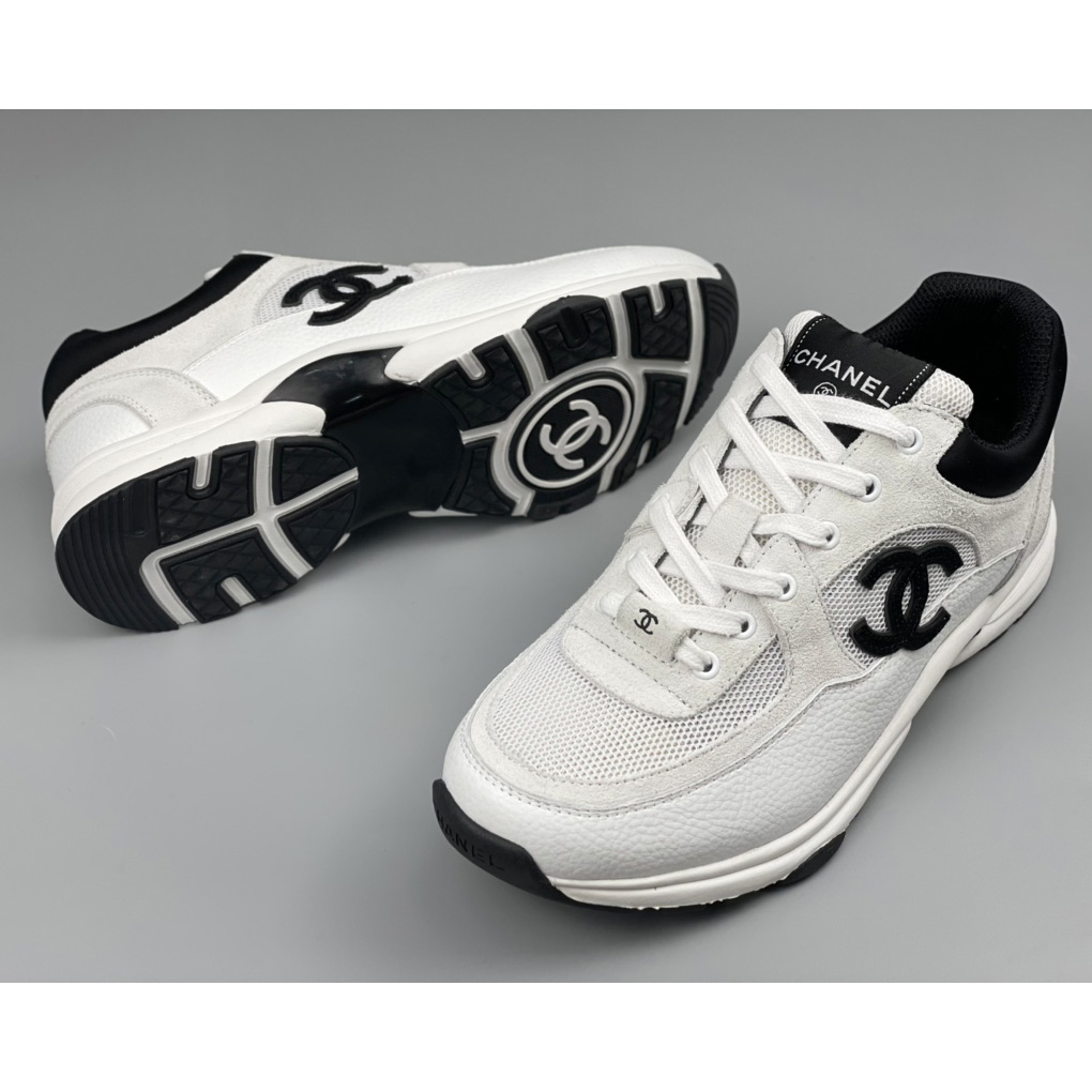 Chanel White Black 22c Leather Calfskin Suede Mesh Cc Logo Trainers Sneakers - DopestKickz