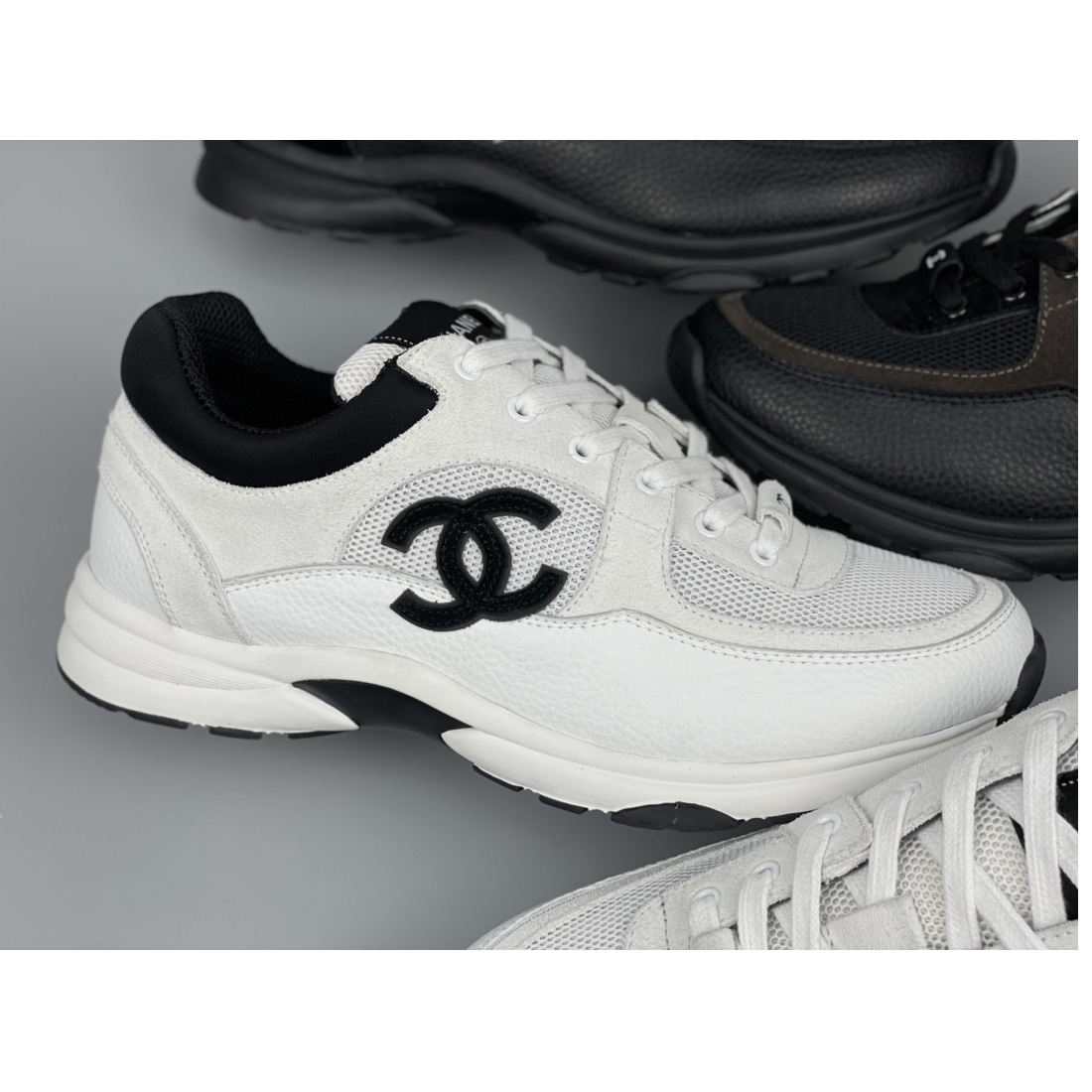 Chanel White Black 22c Leather Calfskin Suede Mesh Cc Logo Trainers Sneakers - DopestKickz