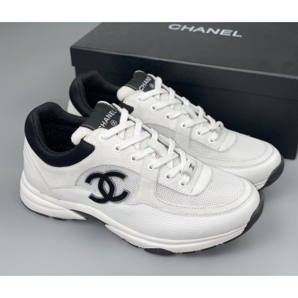 Chanel White Black 22c Leather Calfskin Suede Mesh Cc Logo Trainers Sneakers - DopestKickz