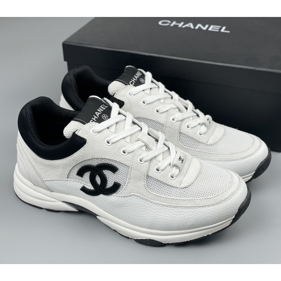 Chanel White Black 22c Leather Calfskin Suede Mesh Cc Logo Trainers Sneakers - DopestKickz