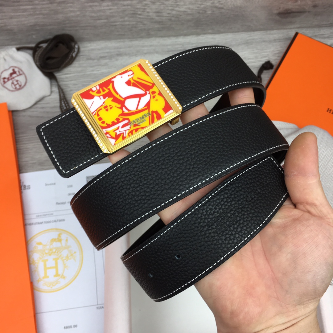 Hermes Black Leather Belt With   Enamel Buckle - DopestKickz