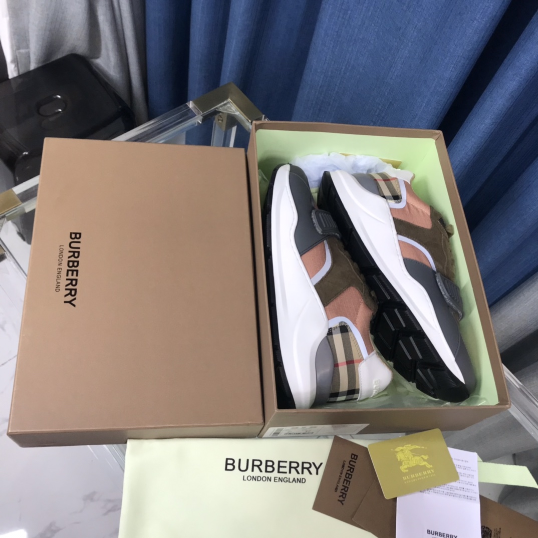 Burberry Check Cotton Canvas And Leather Sneakers - DopestKickz