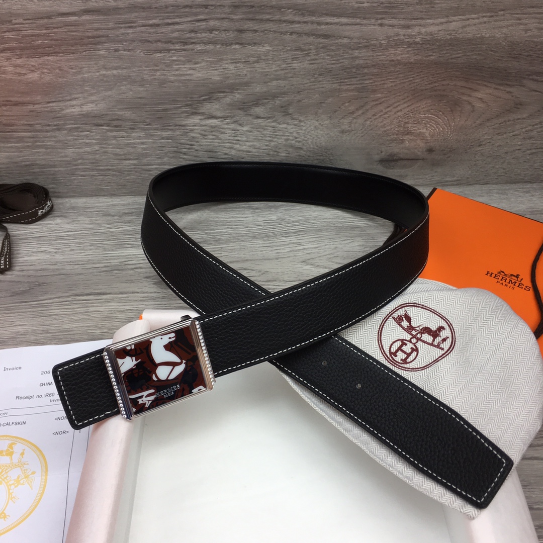 Hermes Black Leather Belt With   Enamel Buckle - DopestKickz