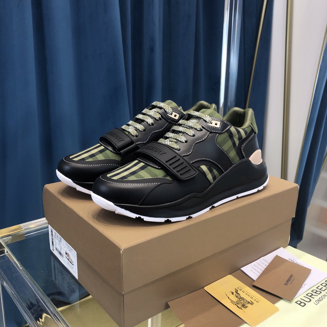Burberry Check Cotton Canvas And Leather Sneakers - DopestKickz