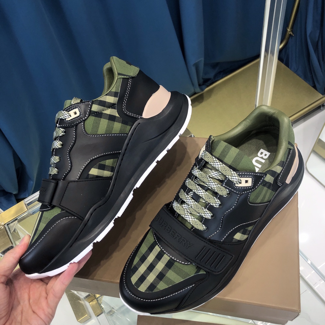 Burberry Check Cotton Canvas And Leather Sneakers - DopestKickz