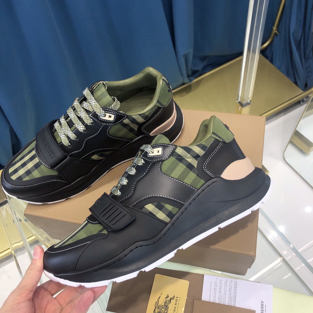 Burberry Check Cotton Canvas And Leather Sneakers - DopestKickz