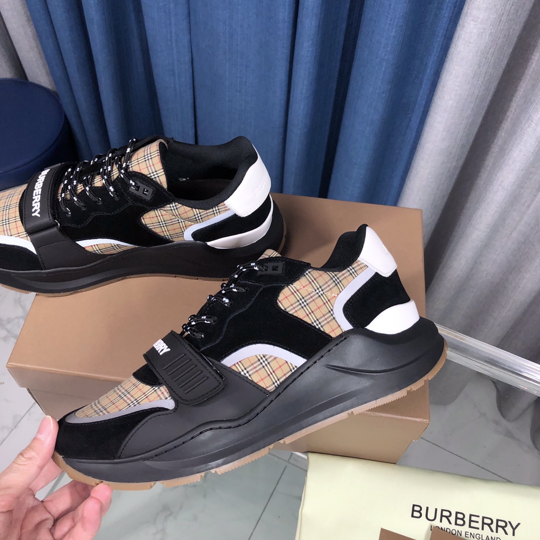 Burberry Check Cotton Canvas And Leather Sneakers - DopestKickz