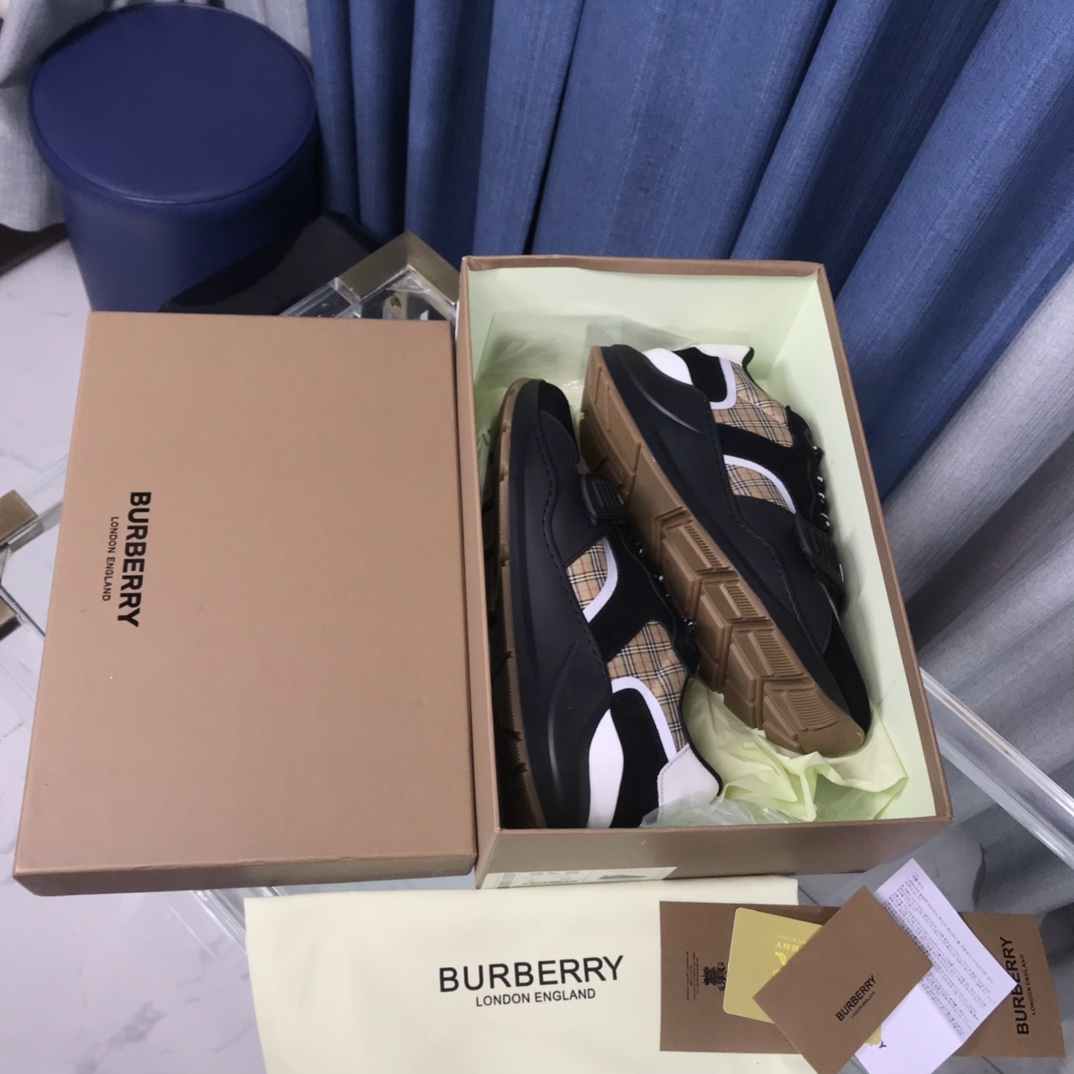Burberry Check Cotton Canvas And Leather Sneakers - DopestKickz