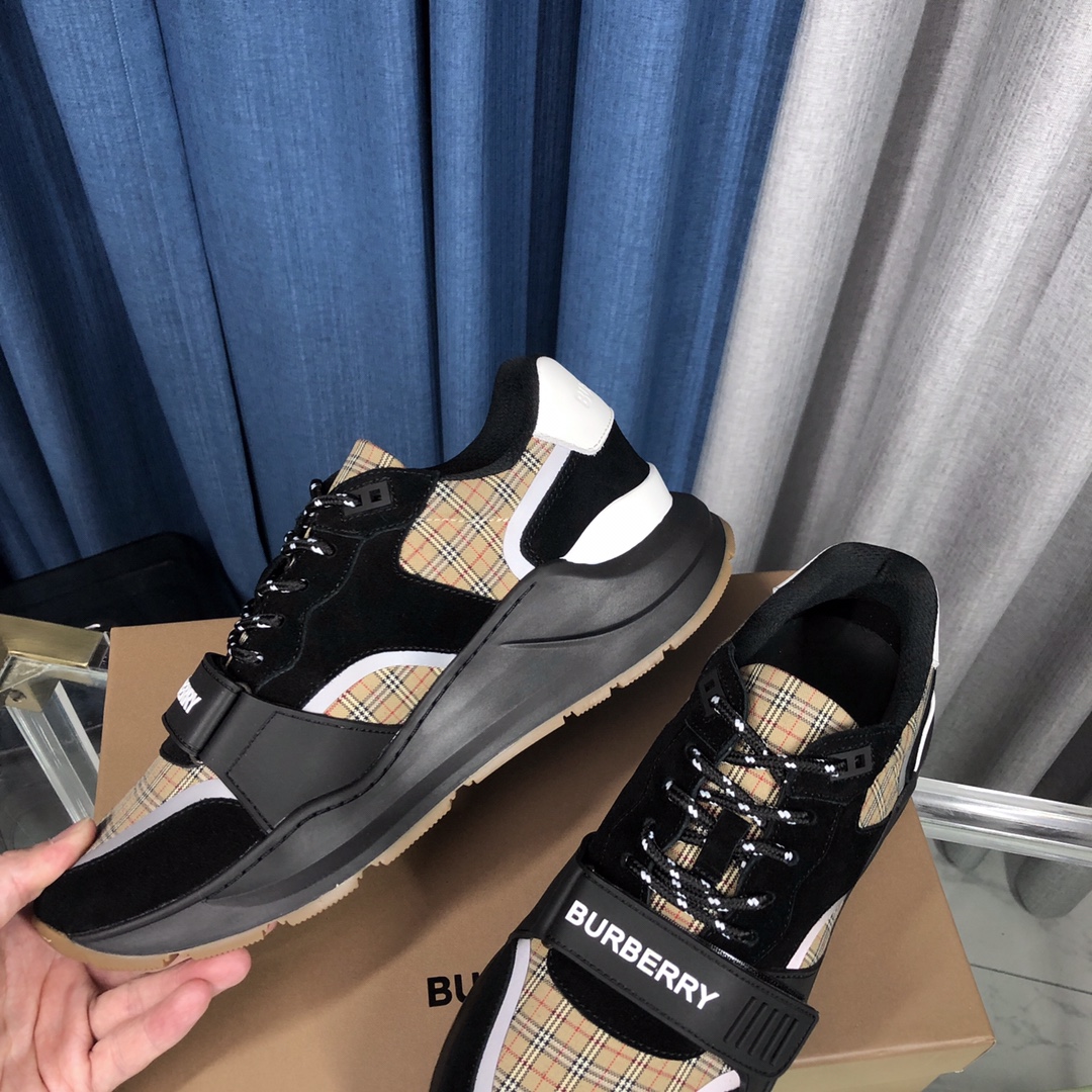Burberry Check Cotton Canvas And Leather Sneakers - DopestKickz