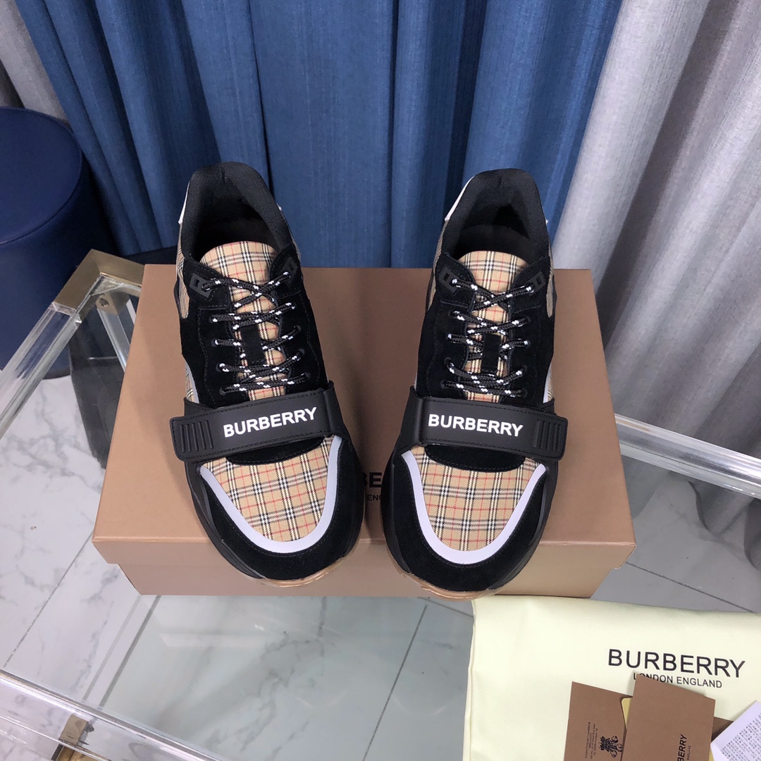 Burberry Check Cotton Canvas And Leather Sneakers - DopestKickz