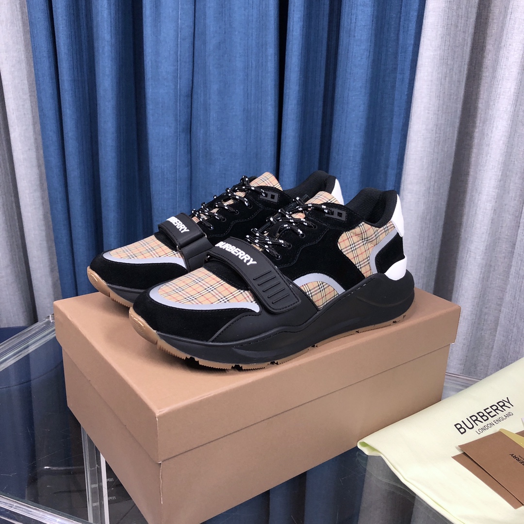 Burberry Check Cotton Canvas And Leather Sneakers - DopestKickz