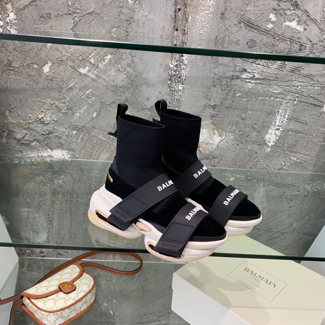 Balmain High-Top Suede And Knit Bold Sneakers  - DopestKickz