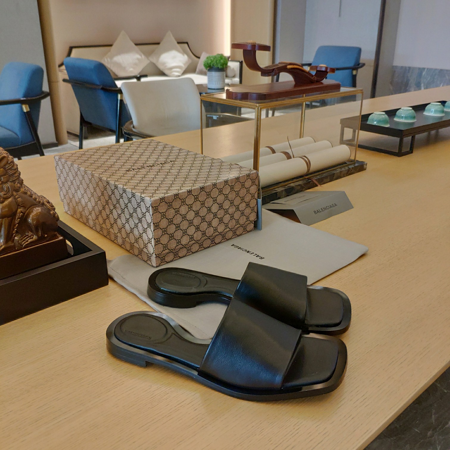 Balenciaga Logo Leather Slide Sandal - DopestKickz