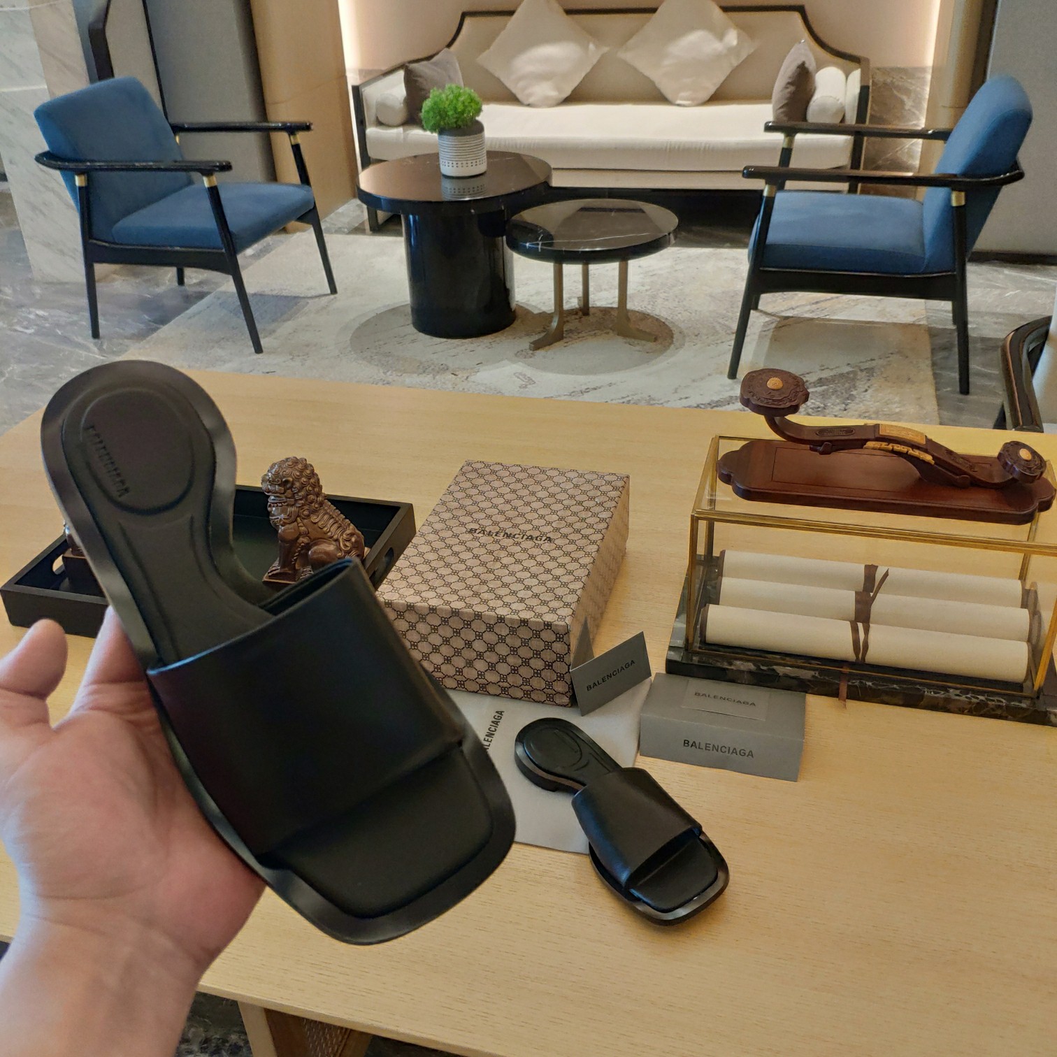 Balenciaga Logo Leather Slide Sandal - DopestKickz