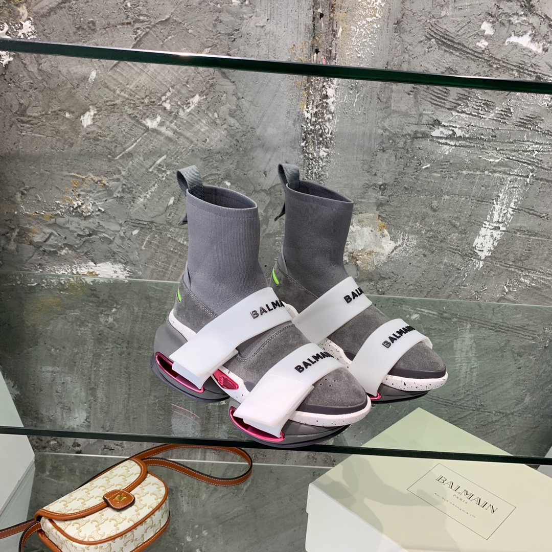 Balmain High-Top Suede And Knit Bold Sneakers  - DopestKickz