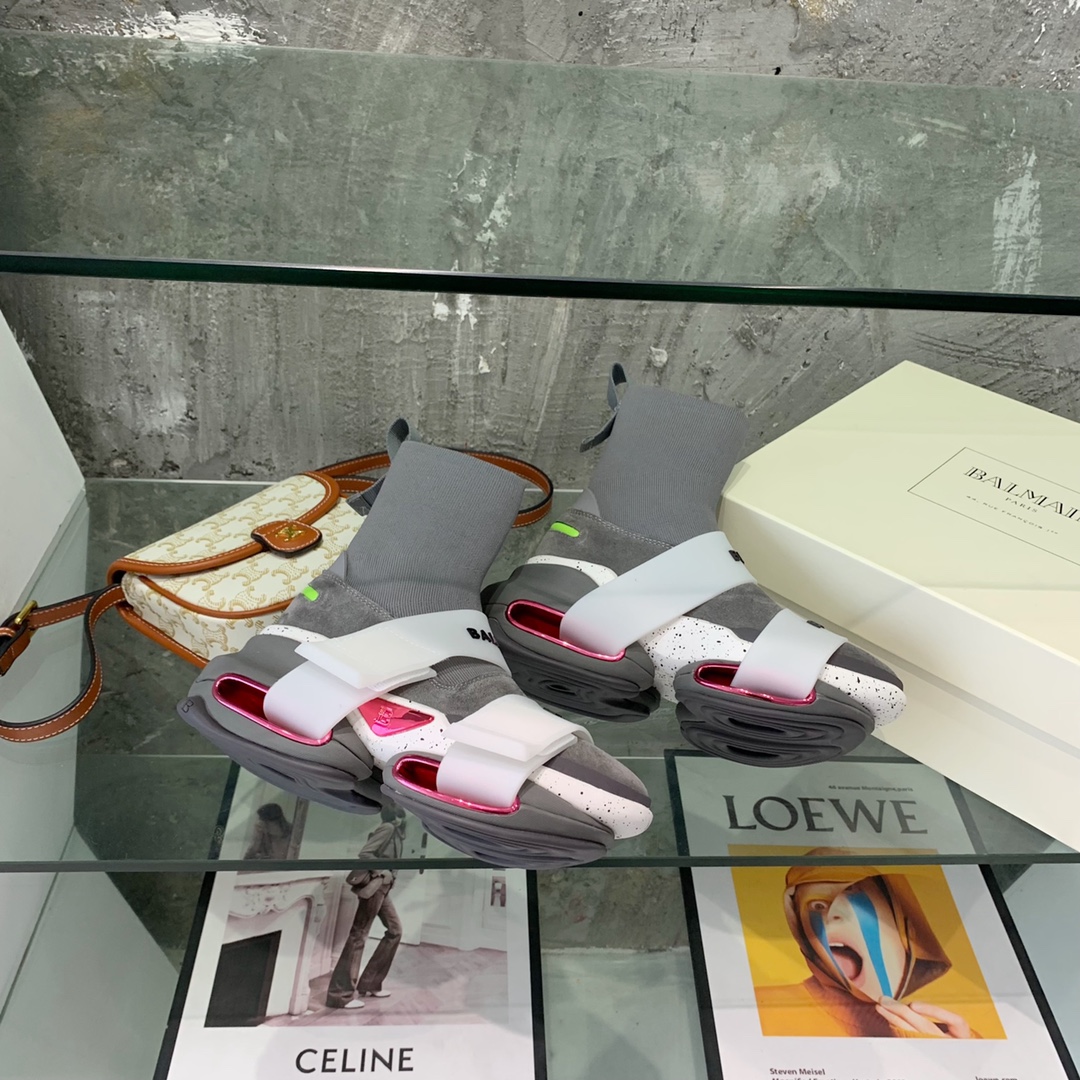 Balmain High-Top Suede And Knit Bold Sneakers  - DopestKickz