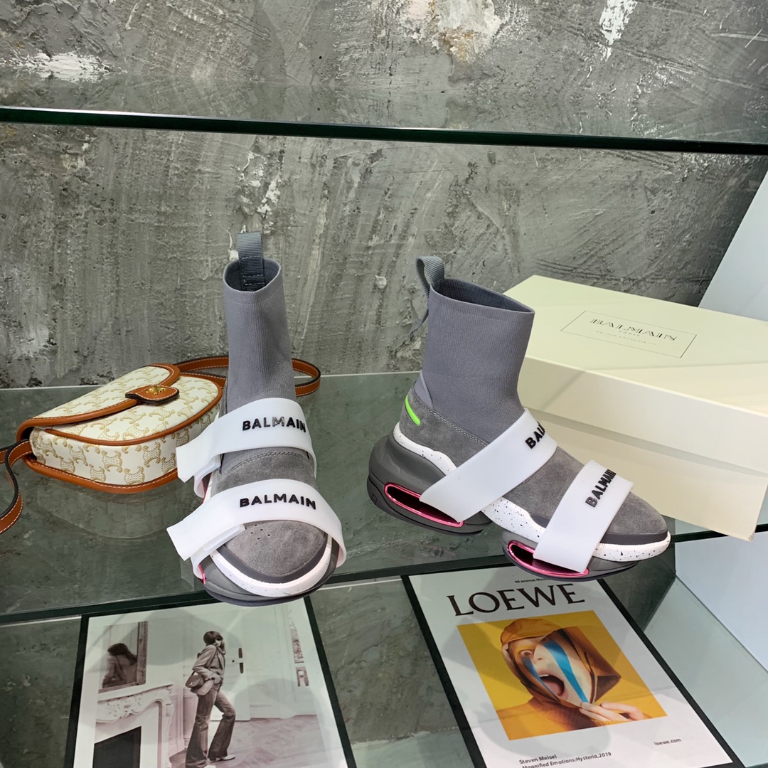 Balmain High-Top Suede And Knit Bold Sneakers  - DopestKickz