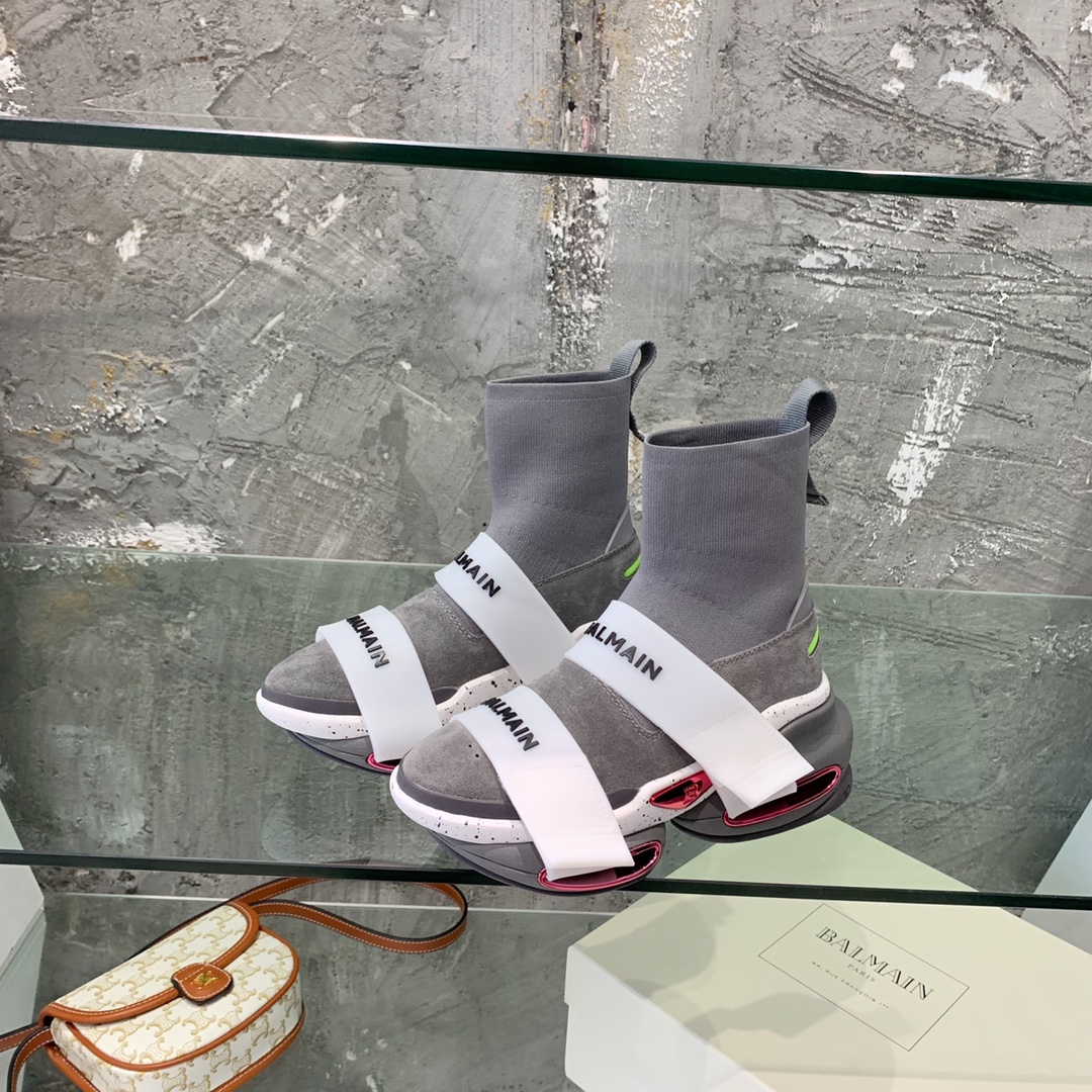 Balmain High-Top Suede And Knit Bold Sneakers  - DopestKickz