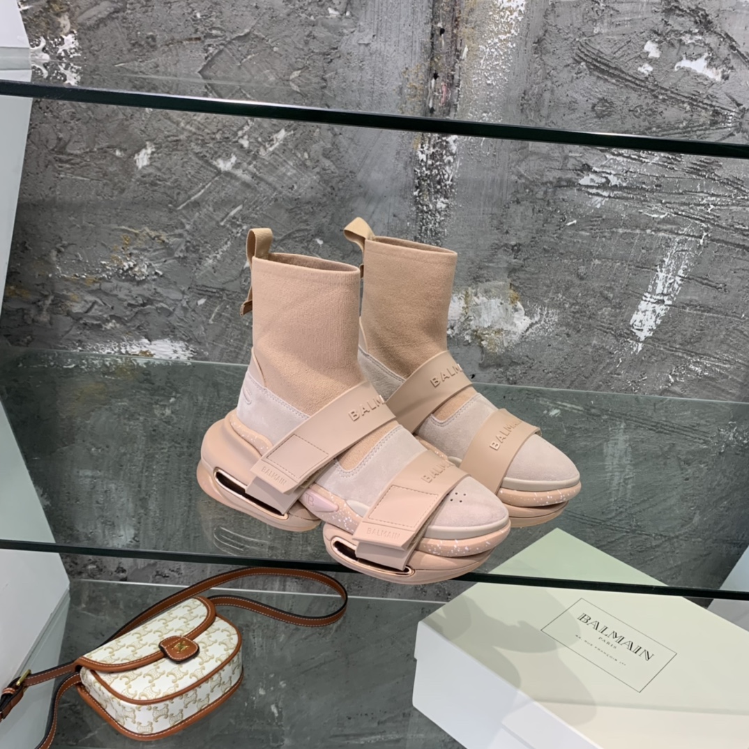 Balmain High-Top Suede And Knit Bold Sneakers  - DopestKickz