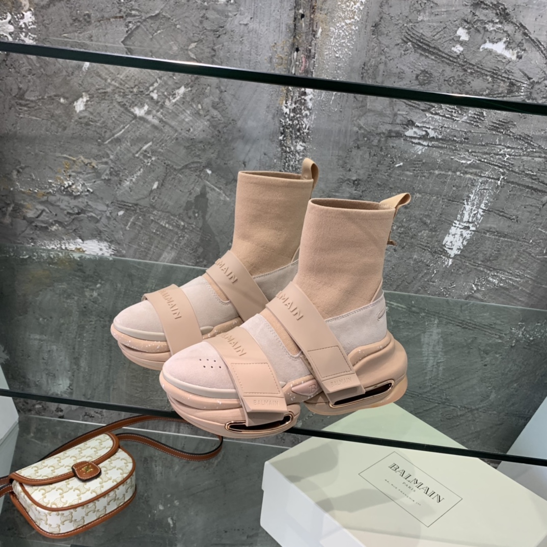 Balmain High-Top Suede And Knit Bold Sneakers  - DopestKickz