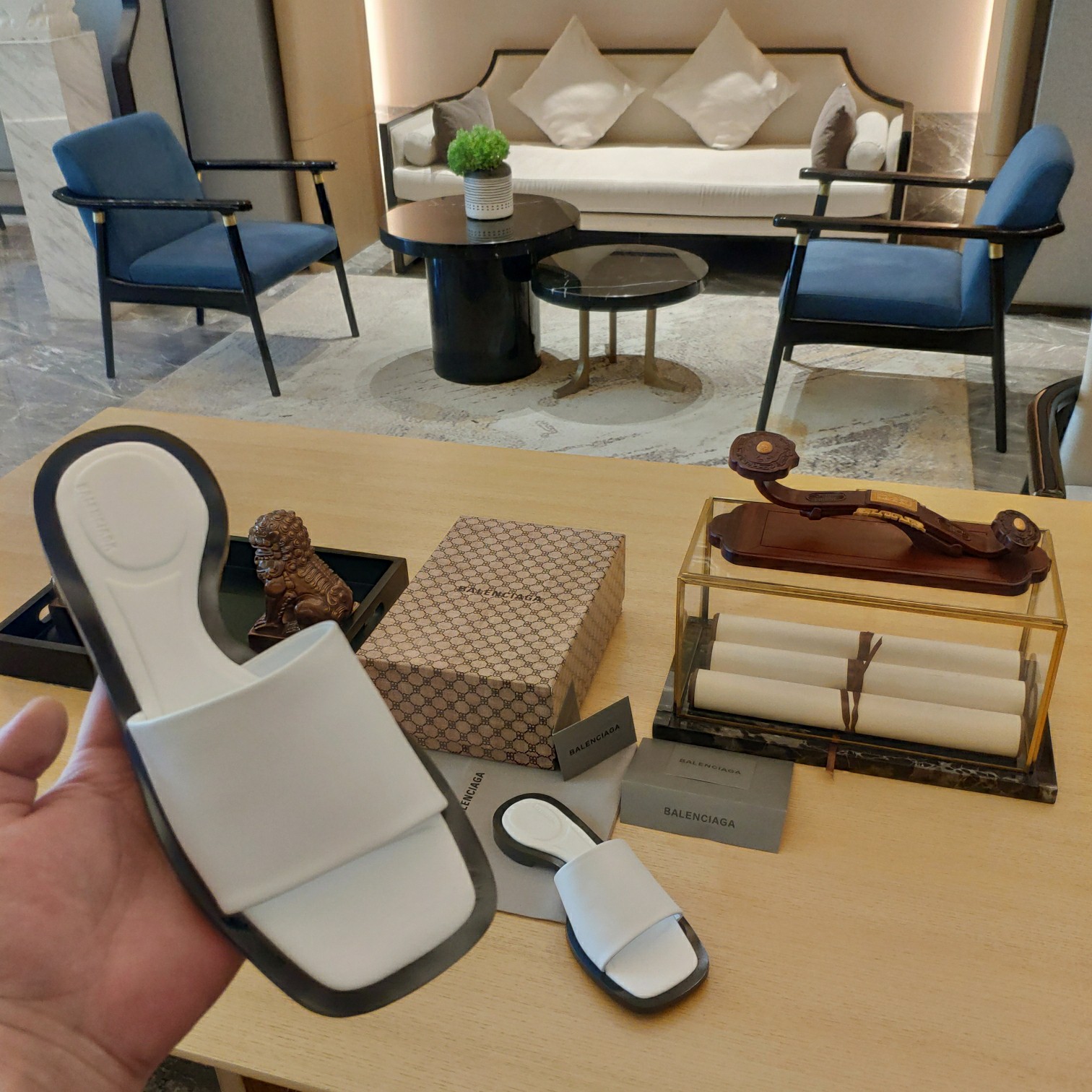 Balenciaga Logo Leather Slide Sandal - DopestKickz