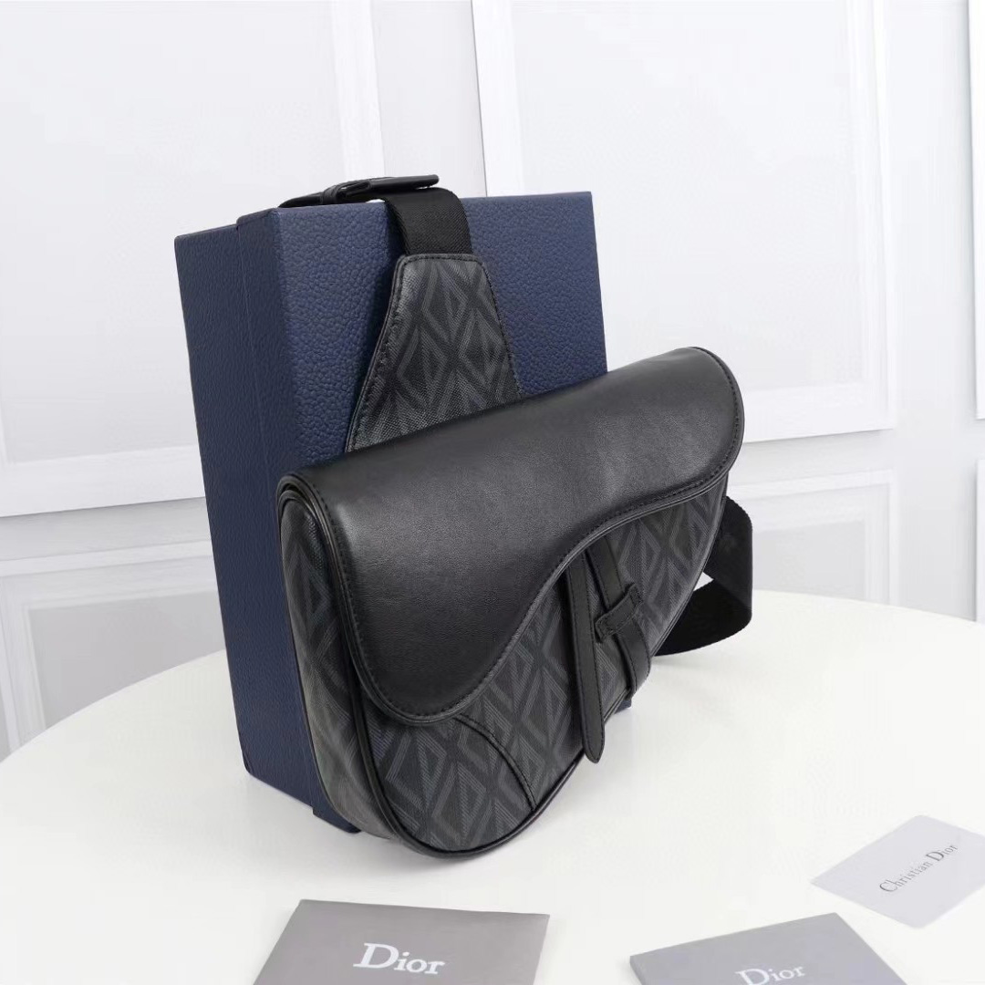 Dior Black CD Diamond Canvas And Smooth Calfskin Saddle Bag(26-19-4.5cm) - DopestKickz