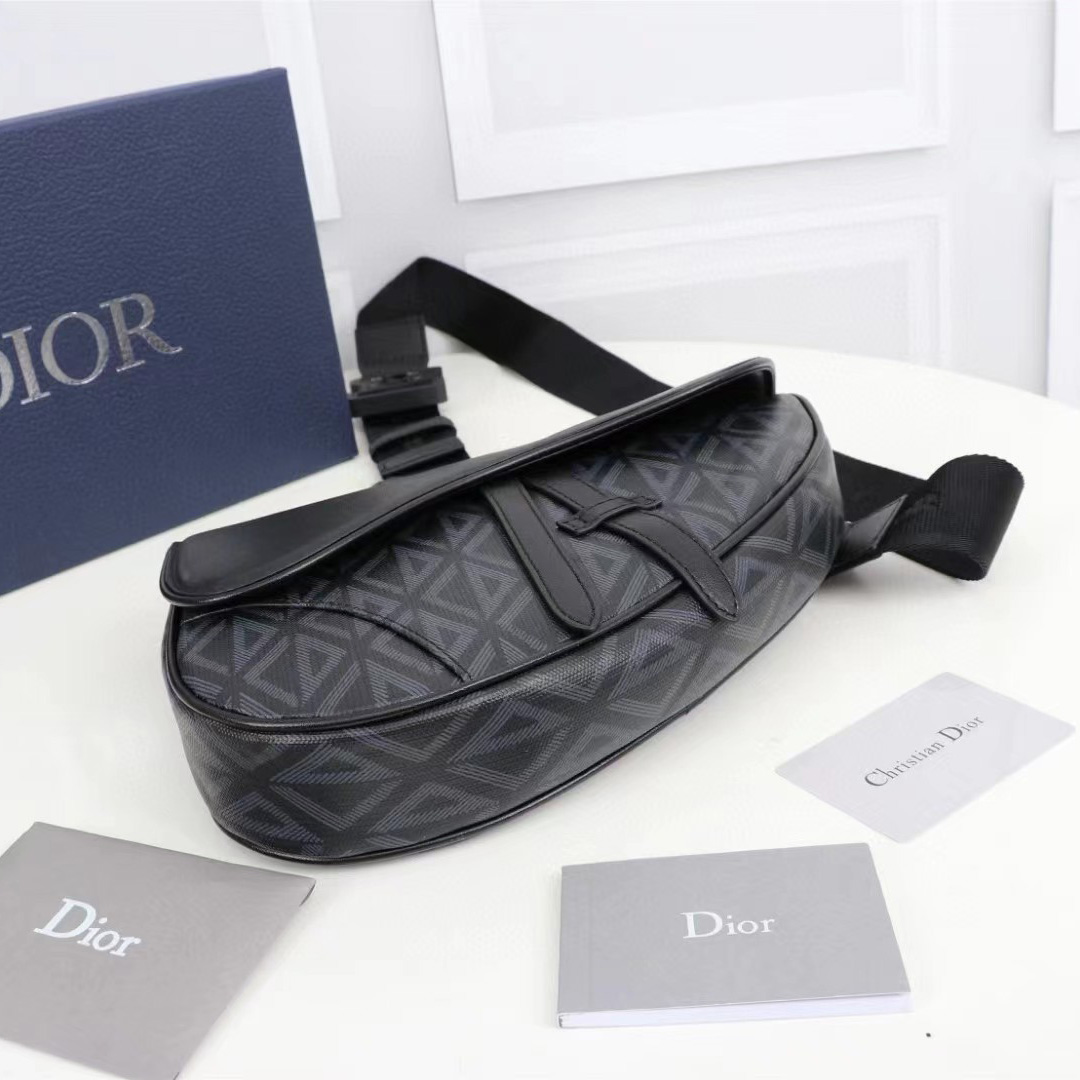 Dior Black CD Diamond Canvas And Smooth Calfskin Saddle Bag(26-19-4.5cm) - DopestKickz