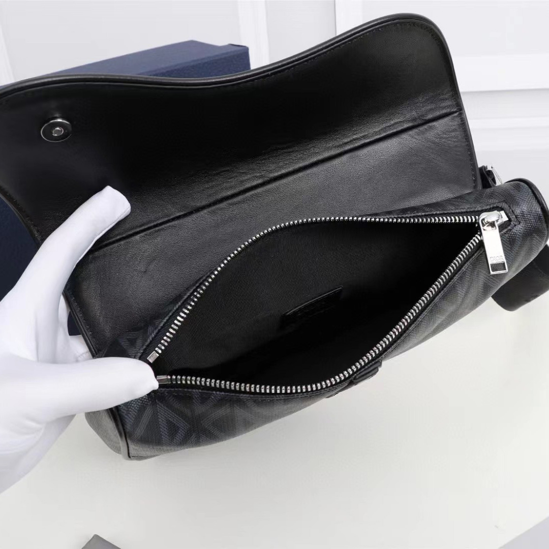Dior Black CD Diamond Canvas And Smooth Calfskin Saddle Bag(26-19-4.5cm) - DopestKickz