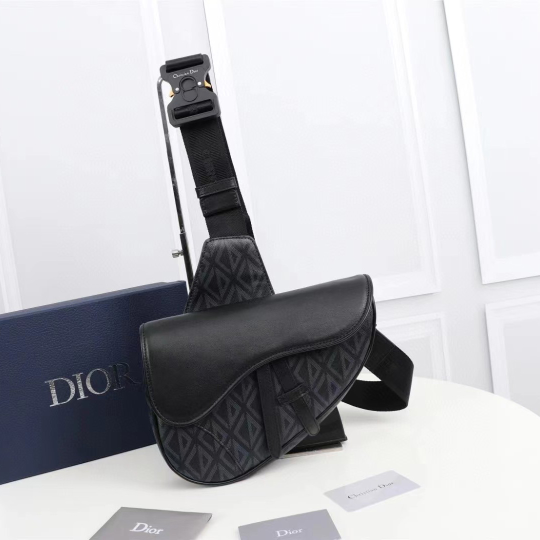 Dior Black CD Diamond Canvas And Smooth Calfskin Saddle Bag(26-19-4.5cm) - DopestKickz