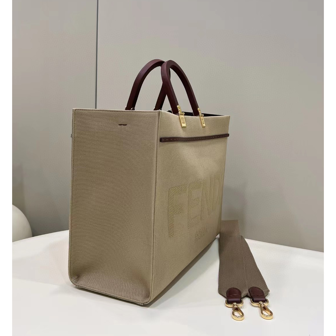 Fendi Sunshine Medium Beige Canvas Bag(35-31-17cm) - DopestKickz