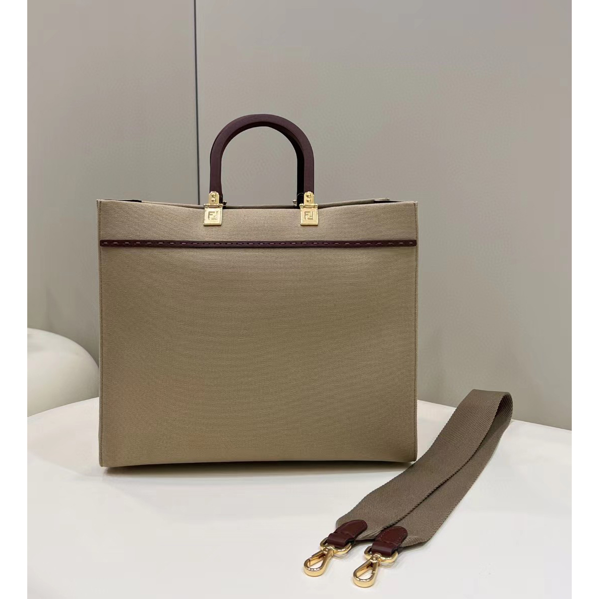 Fendi Sunshine Medium Beige Canvas Bag(35-31-17cm) - DopestKickz