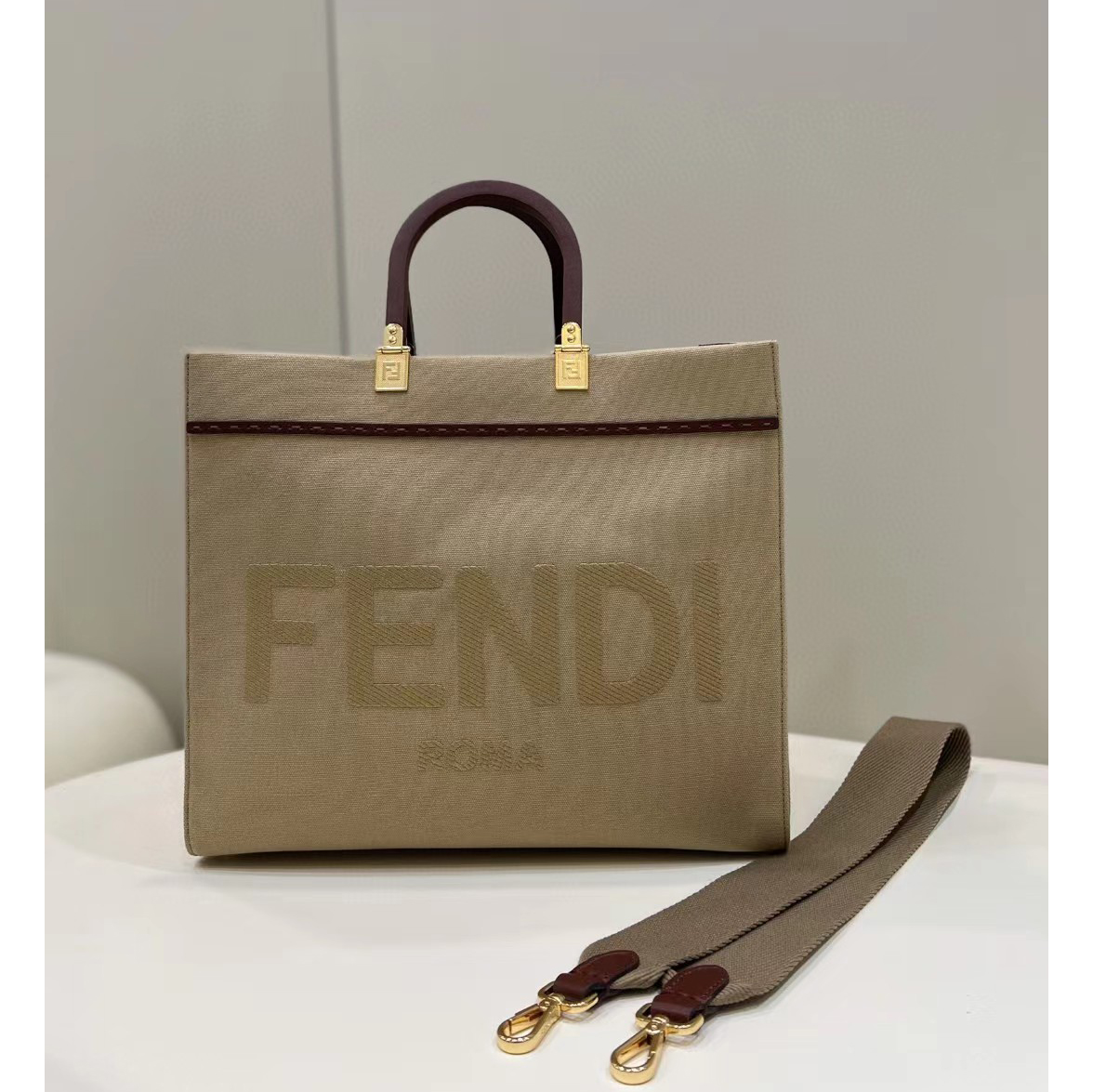 Fendi Sunshine Medium Beige Canvas Bag(35-31-17cm) - DopestKickz